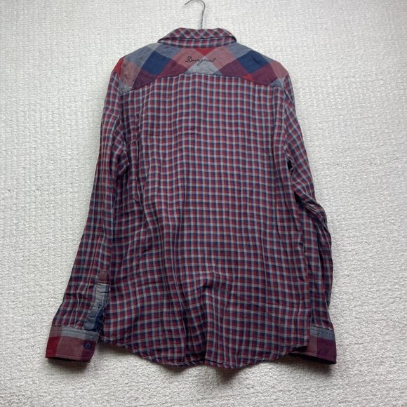 Desigual Button Up Shirt Mens L Red / Blue Asymmetrical Plaid Boho - Picture 11 of 16